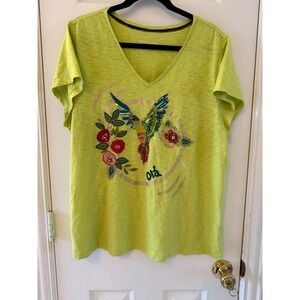Soft Surroundings 1X Lime Green Beaded Hummingbird V Neck Top Organic Cotton